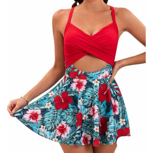 B2prity Women's Medium Red Blue Cutout One Piece Skirt V-Neck Wrap Back Swimsuit